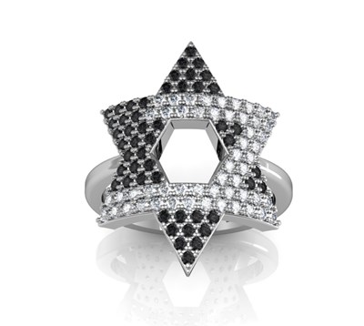 טבעת מגן דוד "קסם האות" , כסף ,משובצת שחור/לבן (אות לבחירה)