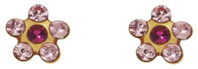 זוג עגילי פרחים , קריסטל ורוד (חזק) , סגר בטחון (כובע) , ציפוי זהב 24K