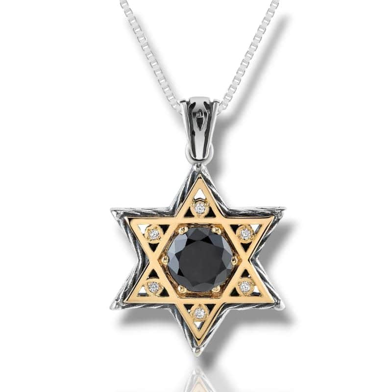 תליון מגן דוד משובץ אבן אוניקס וזירקונים סביב, כסף וזהב