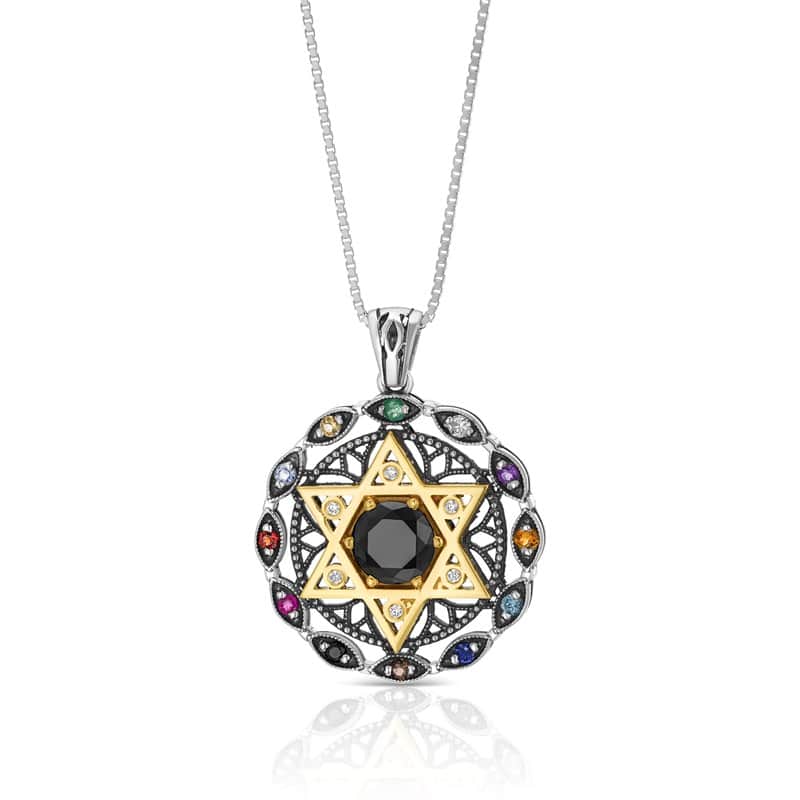 תליון "חושן אל-רואי", מג"ד משובץ אבן אוניקס (לבחירה) כסף וזהב משובץ 12 אבני חושן ,זירקונים