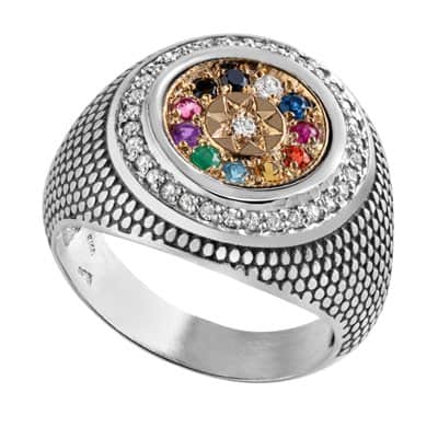 טבעת אבני חושן לגבר ואשה , כסף וזהב בשילוב זירקוניה