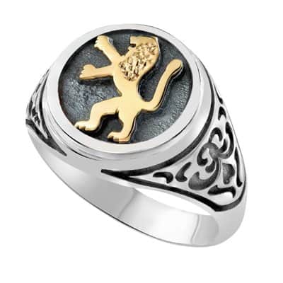 טבעת אריה לגבר , כסף וזהב בשילוב עיטורים