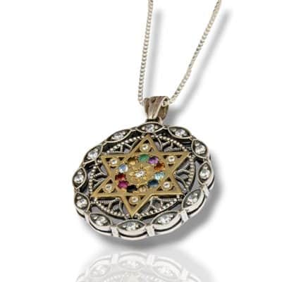 תליון חושן מלכותי מכסף בשילוב מגן דוד מזהב משובץ באבני החושן יקרות וזירקון לבן מסביב