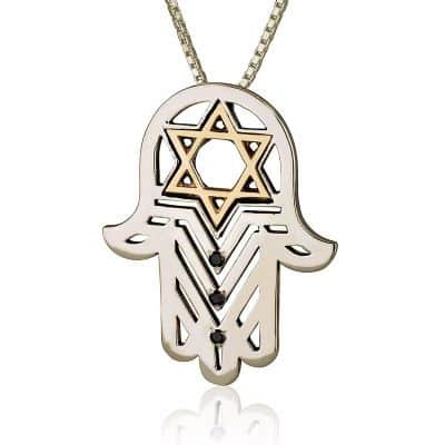 חמסה "יד שרה" משובץ יהלומים שחורים (לבחירה) , כסף וזהב