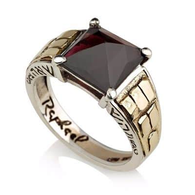 טבעת "אהרון הכהן" 5 מתכות , משובצת גרנט (לבחירה) , כסף וזהב