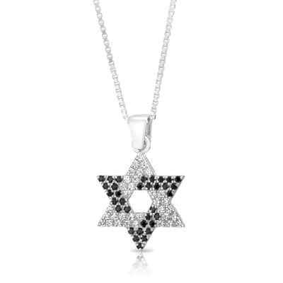 תליון מגן דוד יפייפה , משובץ אבנים שחור / לבן , כסף