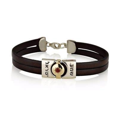 צמיד "שמע ישראל" זהב וכסף משובץ רובי בשילוב עור