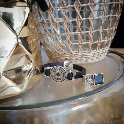 צמיד ברוך הגבר "יפתח ה' לך את אוצרו הטוב" כסף וזהב משובץ אוניקס  (עין החתול)