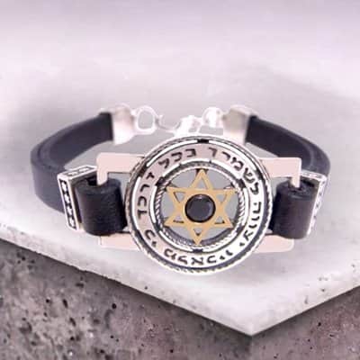 צמיד "ברוך הגבר" כסף וזהב,ברכה (לבחירה) בשילוב מגן דוד משובץ אבן אוניקס (לבחירה) , עור