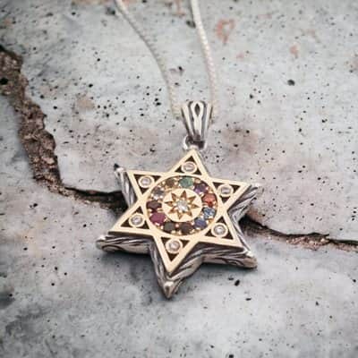 תליון "חושן דוד המלך" כסף וזהב משובץ 12 אבני החושן
