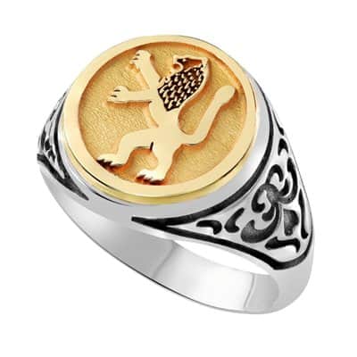 טבעת אריה לגבר , כסף וזהב בשילוב עיטורים