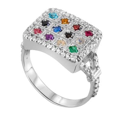 טבעת אבני חושן לאשה עם שיבוצי זירקון לבן סביב , כסף