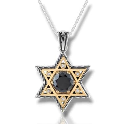 תליון מגן דוד משובץ אבן אוניקס וזירקונים סביב, כסף וזהב