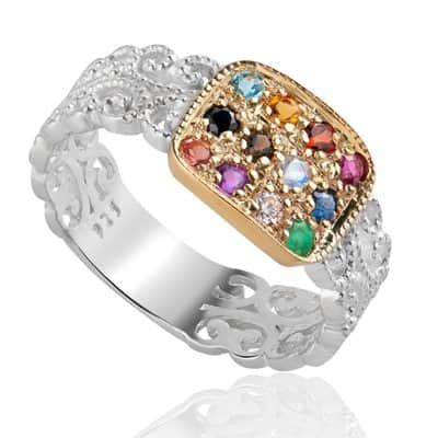 טבעת בעיצוב תחרה משובצת 12 אבני החושן , כסף וזהב