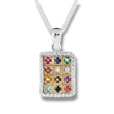 תליון 12 אבני חושן עם שיבוצי זירקון לבן סביב , כסף וזהב