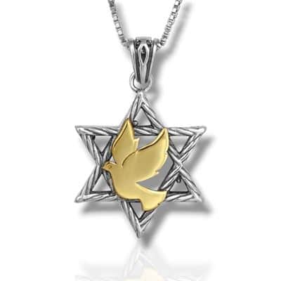 תליון מגן דוד קלוע ובמרכז יונת שלום , כסף וזהב