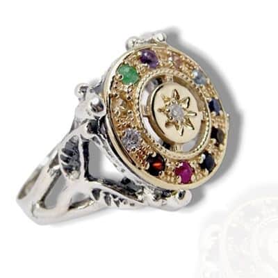 טבעת אבני חושן מרהיבה לאשה על ענפים (יהלום במרכז) , כסף וזהב