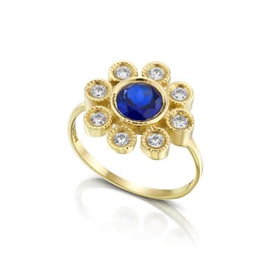 טבעת הפרח "שקד" זהב , משובצת אבן מרכזית (לבחירה) ואבני חן / זירקונים סביב , 14K