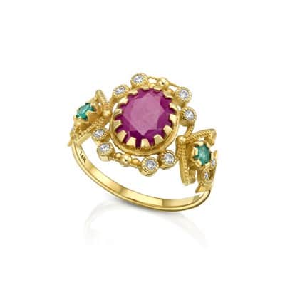 טבעת "הרה" זהב,משובצת אבן רובי מרכזית (לבחירה) ואמרלד בשילוב זירקונים,14K