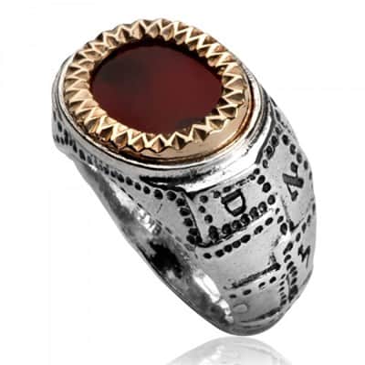 טבעת "פ.א.י" לשפע והצלחה , משובצת גרנט (לבחירה) , כסף וזהב